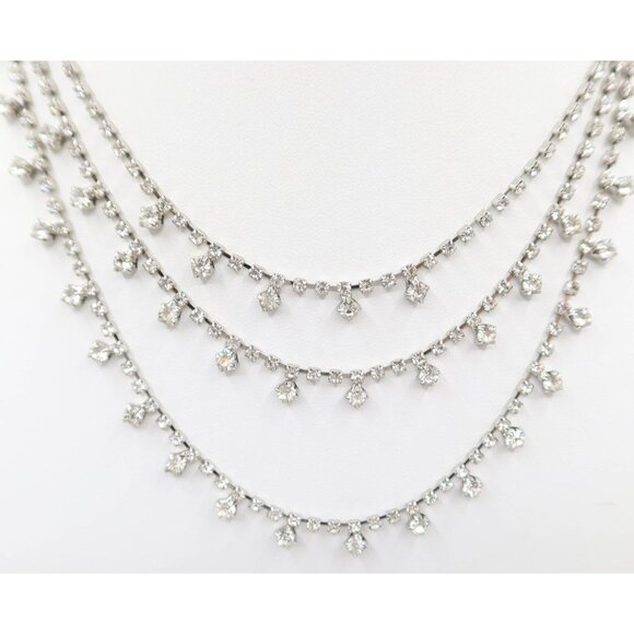 Silver Tone Three Strand Rhinestone Necklace Bridal Prom Formal Sparkle Unsigned - Picture 2 of 6